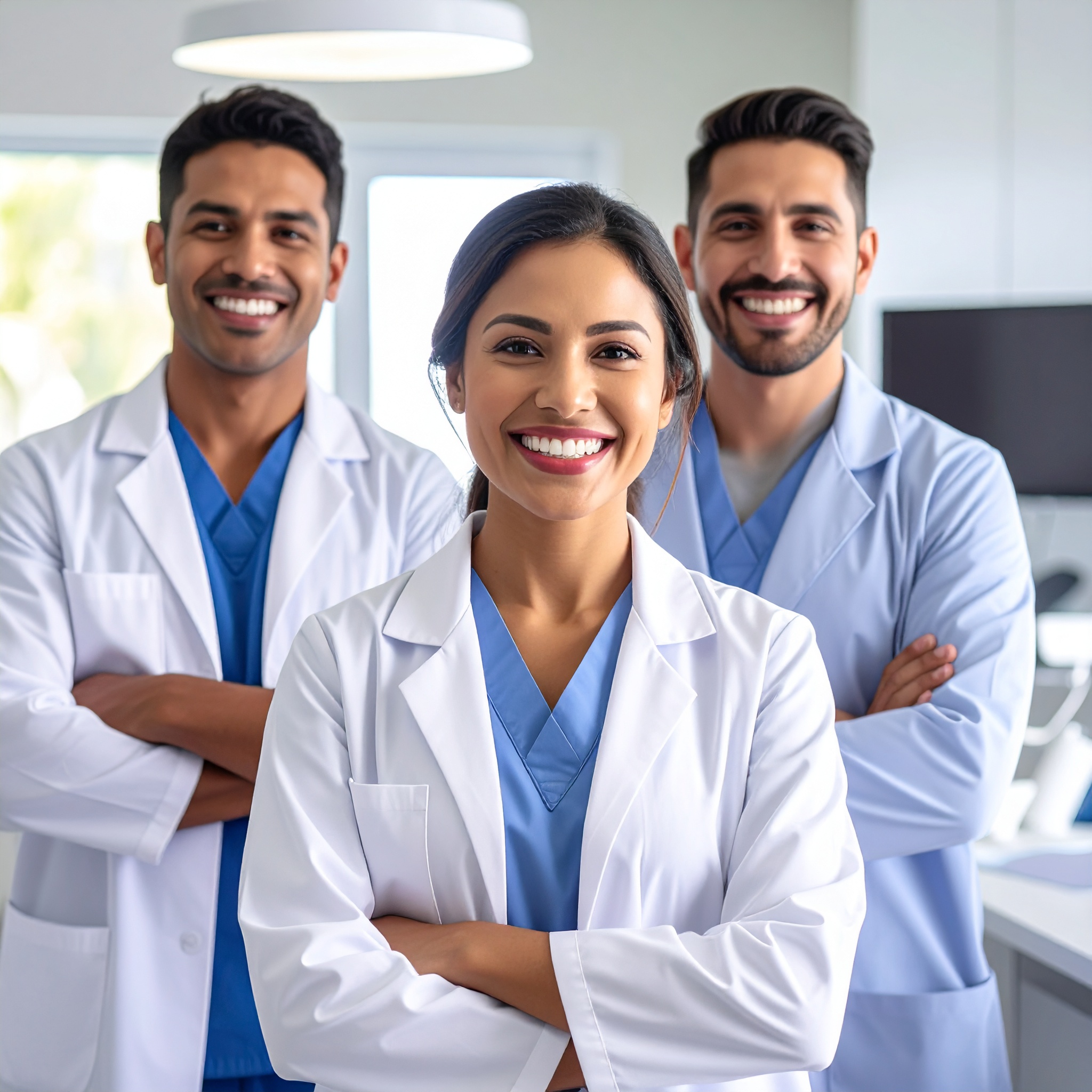Firefly_Crea una imagen de odontólogos colegas en un consultorio dental posando para la cámar 312876